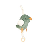 Green bird-shaped plush with white wings, orange beak, and hanging ring, designed for soothing melodies.